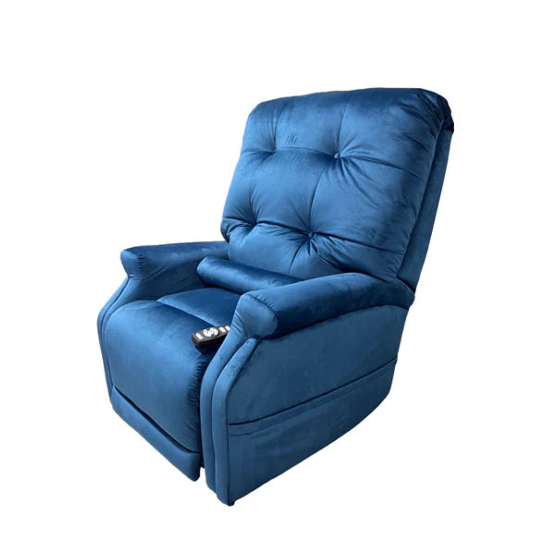 The Journey Perfect Sleep Reclining Lift Chair with Heat has a plush, tufted design with armrests and a footrest. It includes therapeutic heat, massage functions, and a visible remote control on the seat, all displayed against a plain white background.